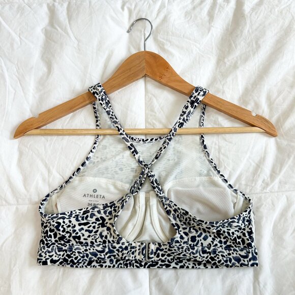 Athleta Zimbabwe High Neck Bikini Top Navy Blue White Animal Print 34 B/C - Picture 3 of 6
